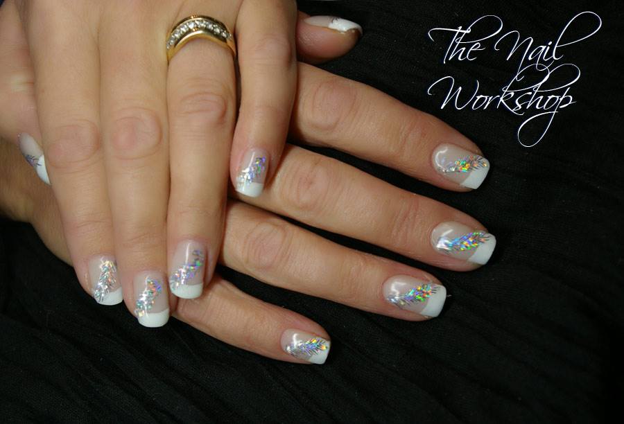  Gelish French with Hologramed Feathers Christmas